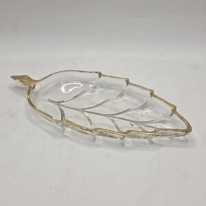Vintage Clear Glass Leaf Dish Gold Rim Trinket Tray Decorative Catchall